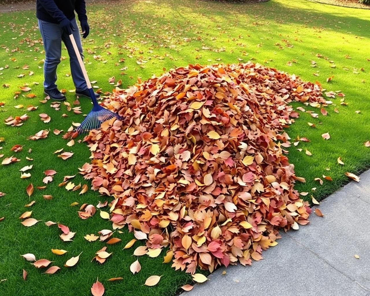 Fall leaf cleanup on a green lawn