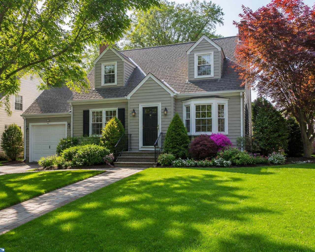 Well-maintained New Jersey home front yard with green lawn and flower beds