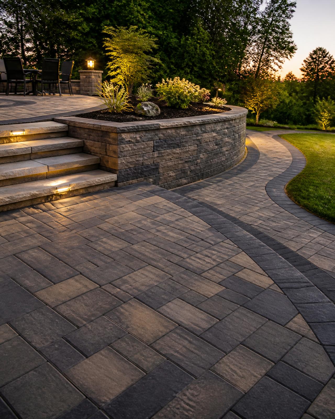 Paver patio with steps and a retaining wall