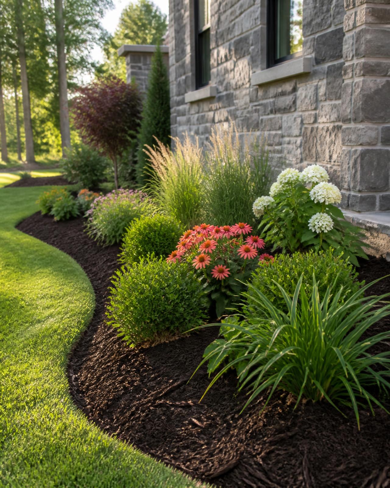 Fresh mulch bed with new shrubs and flowering plants