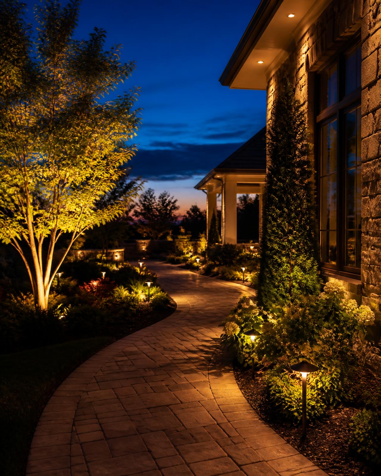 Warm landscape lighting along a paver walkway at dusk
