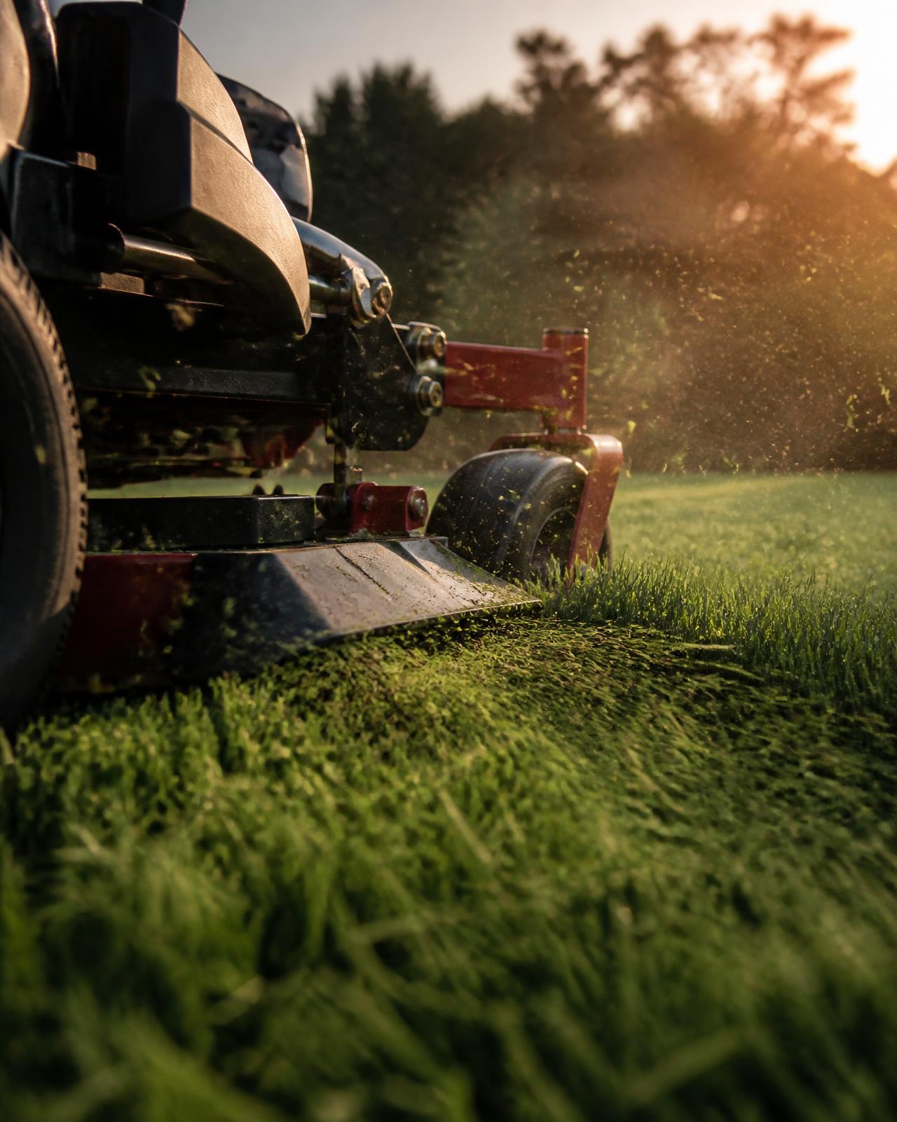 Mower cutting a crisp stripe into thick green grass
