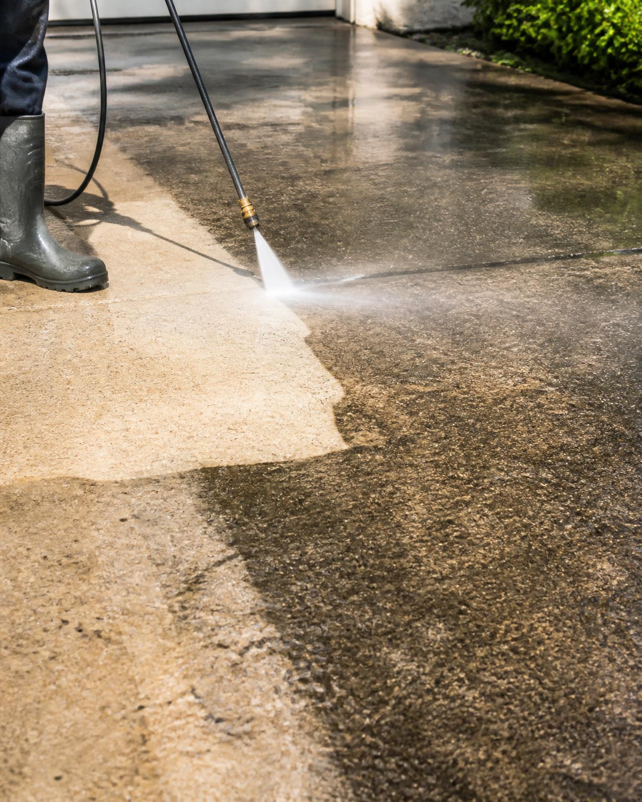 Power washer cleaning a dirty concrete driveway